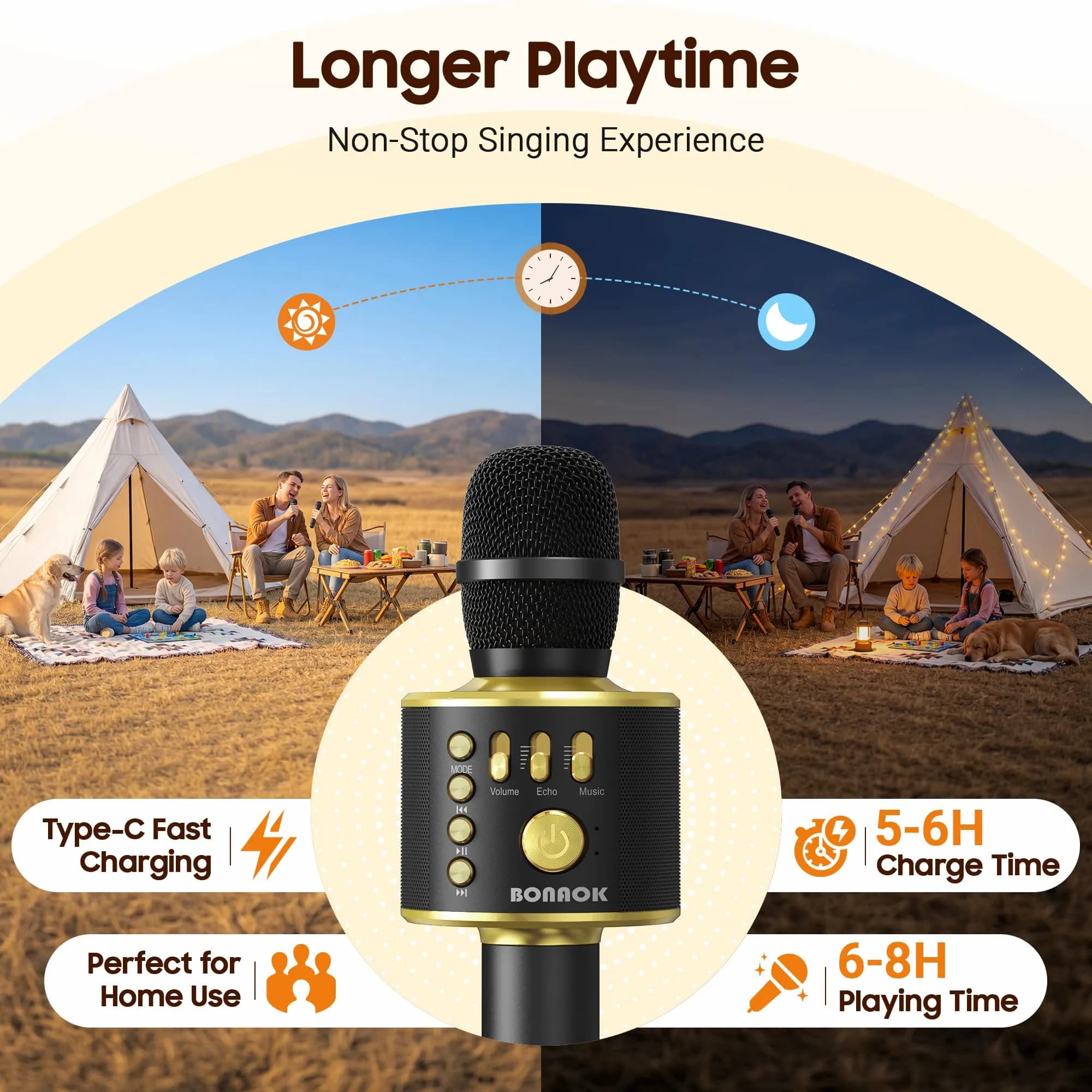 BONAOK Bluetooth Karaoke Microphone Q37 Black Gold | Wireless Handheld Mic with Speaker & Echo - view 4