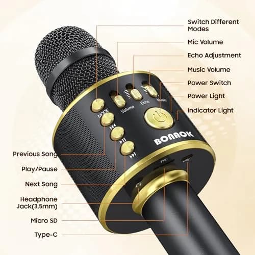 BONAOK Bluetooth Karaoke Microphone Q37 Black Gold | Wireless Handheld Mic with Speaker & Echo thumbnail 5