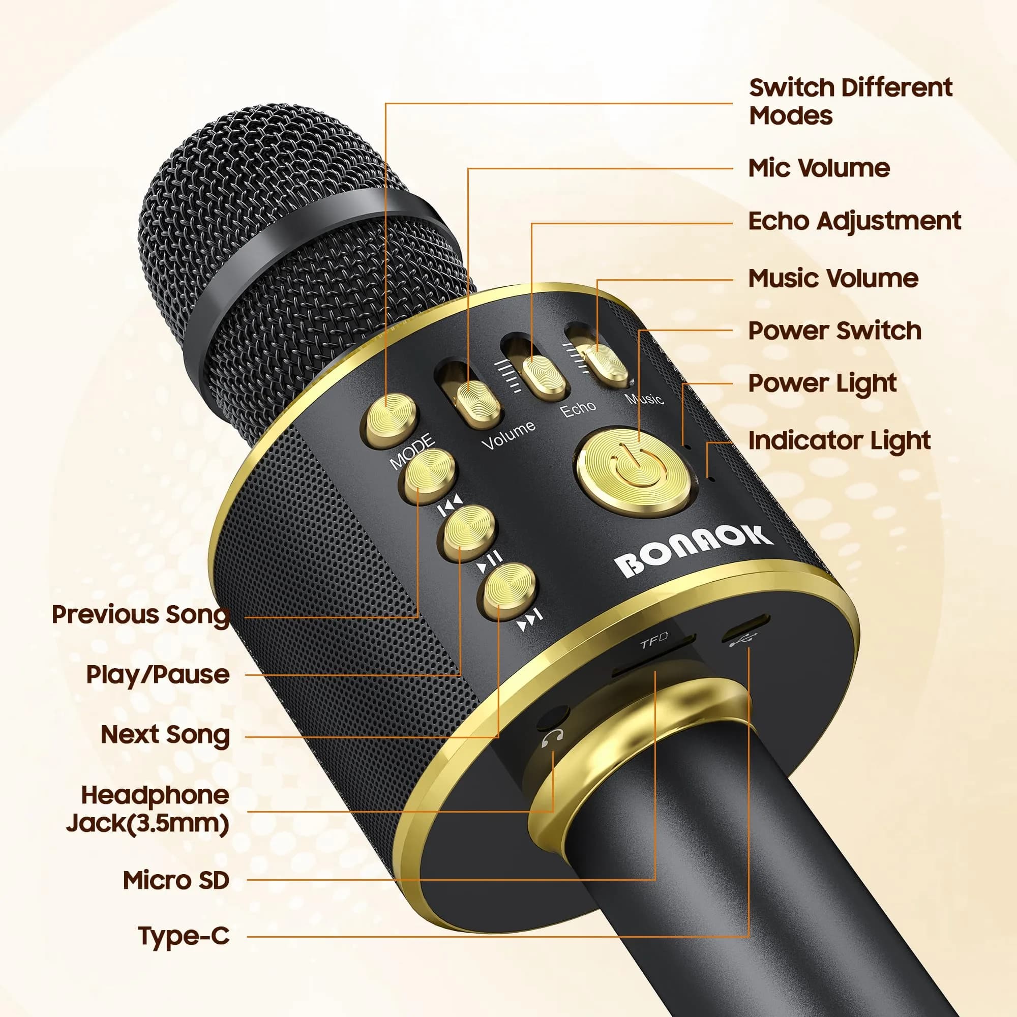 BONAOK Bluetooth Karaoke Microphone Q37 Black Gold | Wireless Handheld Mic with Speaker & Echo - view 5