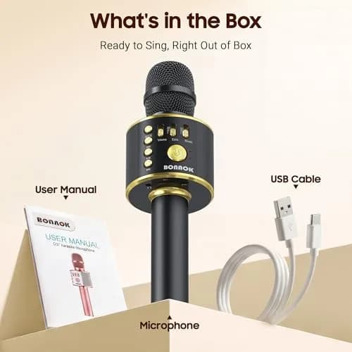 BONAOK Bluetooth Karaoke Microphone Q37 Black Gold | Wireless Handheld Mic with Speaker & Echo thumbnail 6