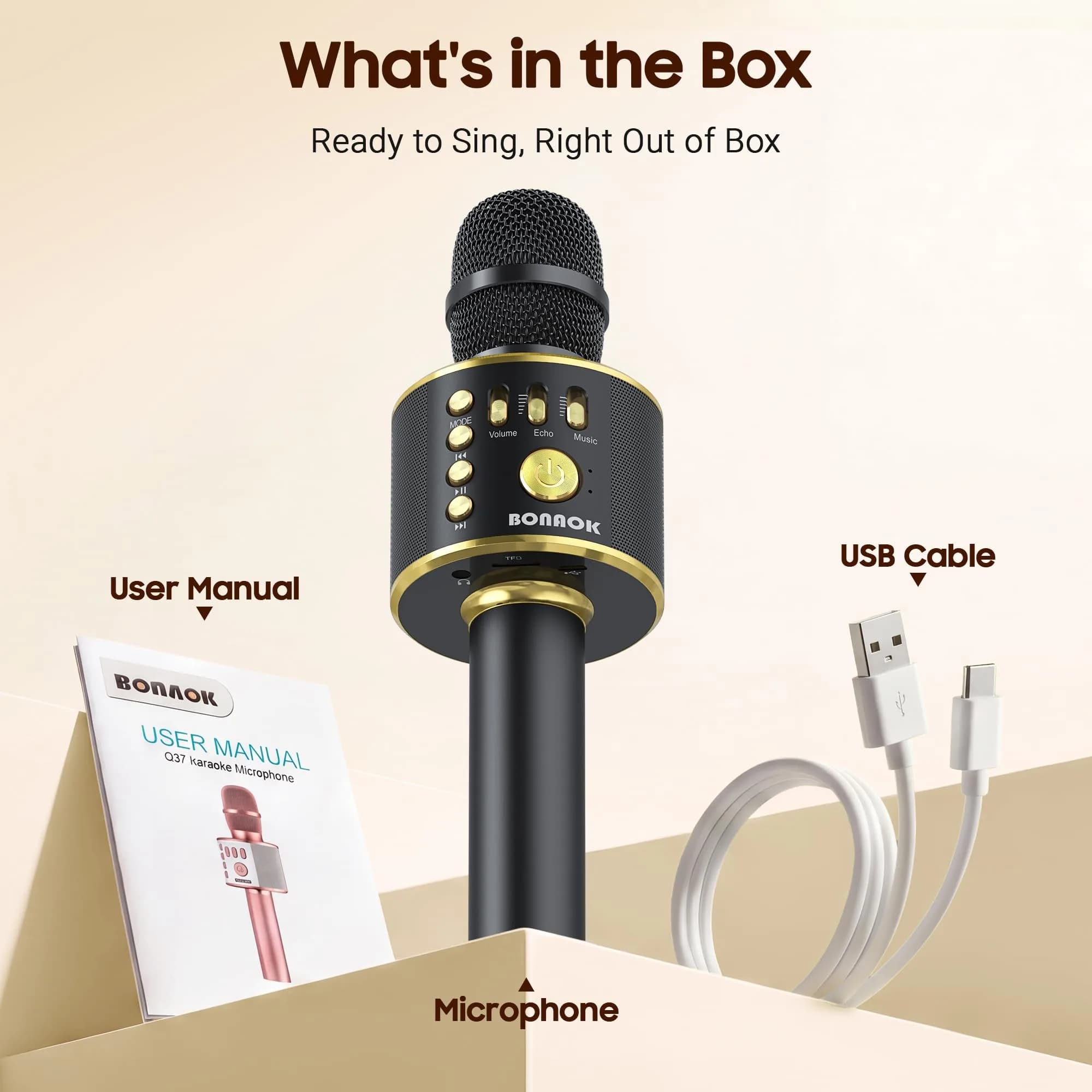 BONAOK Bluetooth Karaoke Microphone Q37 Black Gold | Wireless Handheld Mic with Speaker & Echo - view 6