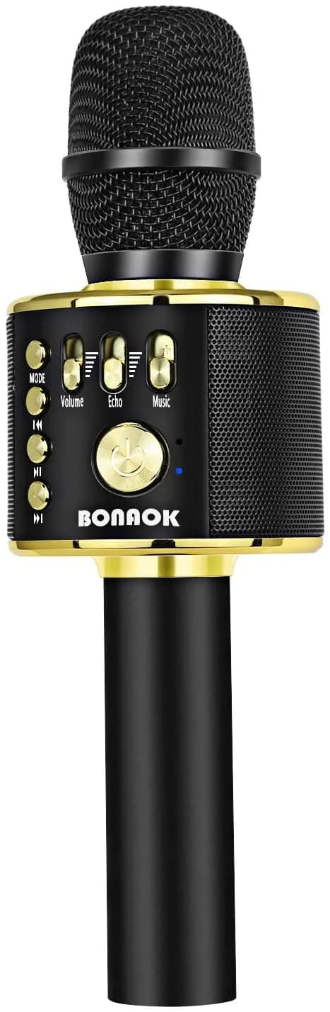 BONAOK Bluetooth Karaoke Microphone Q37 Black Gold | Wireless Handheld Mic with Speaker & Echo - main product image