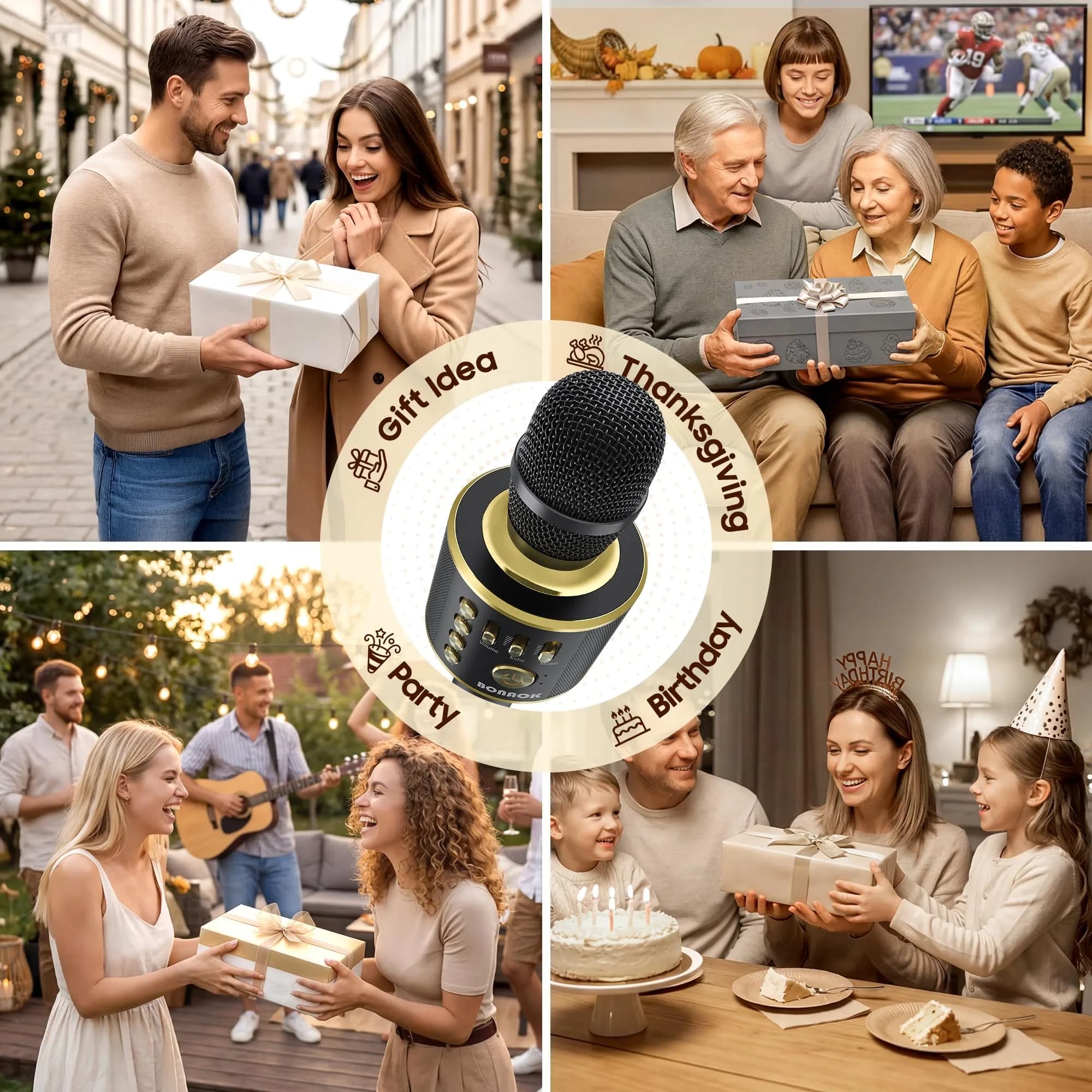 BONAOK Bluetooth Karaoke Microphone Q37 Black Gold | Wireless Handheld Mic with Speaker & Echo - view 9