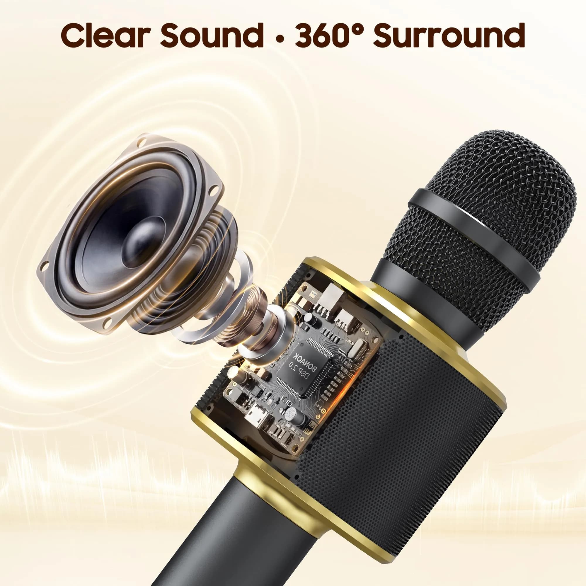 BONAOK Bluetooth Karaoke Microphone Q37 Black Gold | Wireless Handheld Mic with Speaker & Echo - view 2
