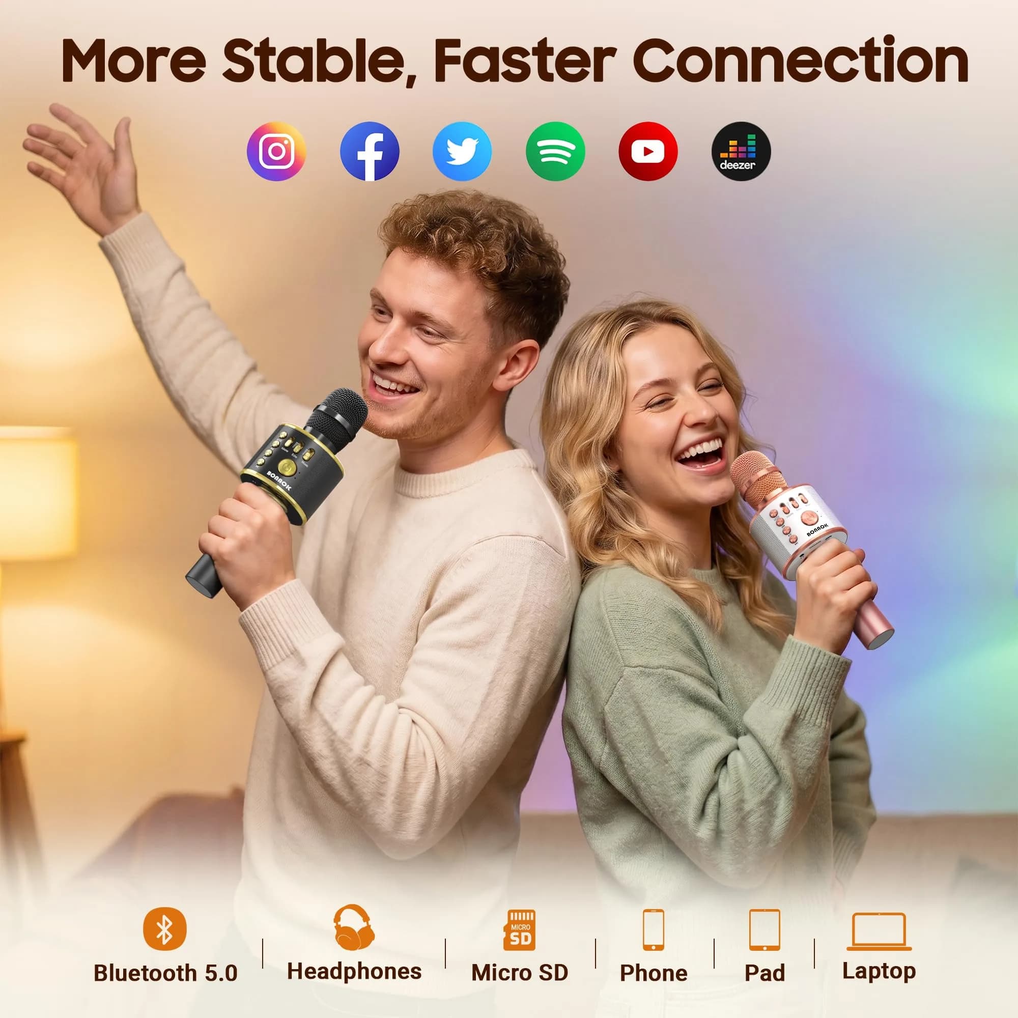 BONAOK Bluetooth Karaoke Microphone Q37 Black Gold | Wireless Handheld Mic with Speaker & Echo - view 3
