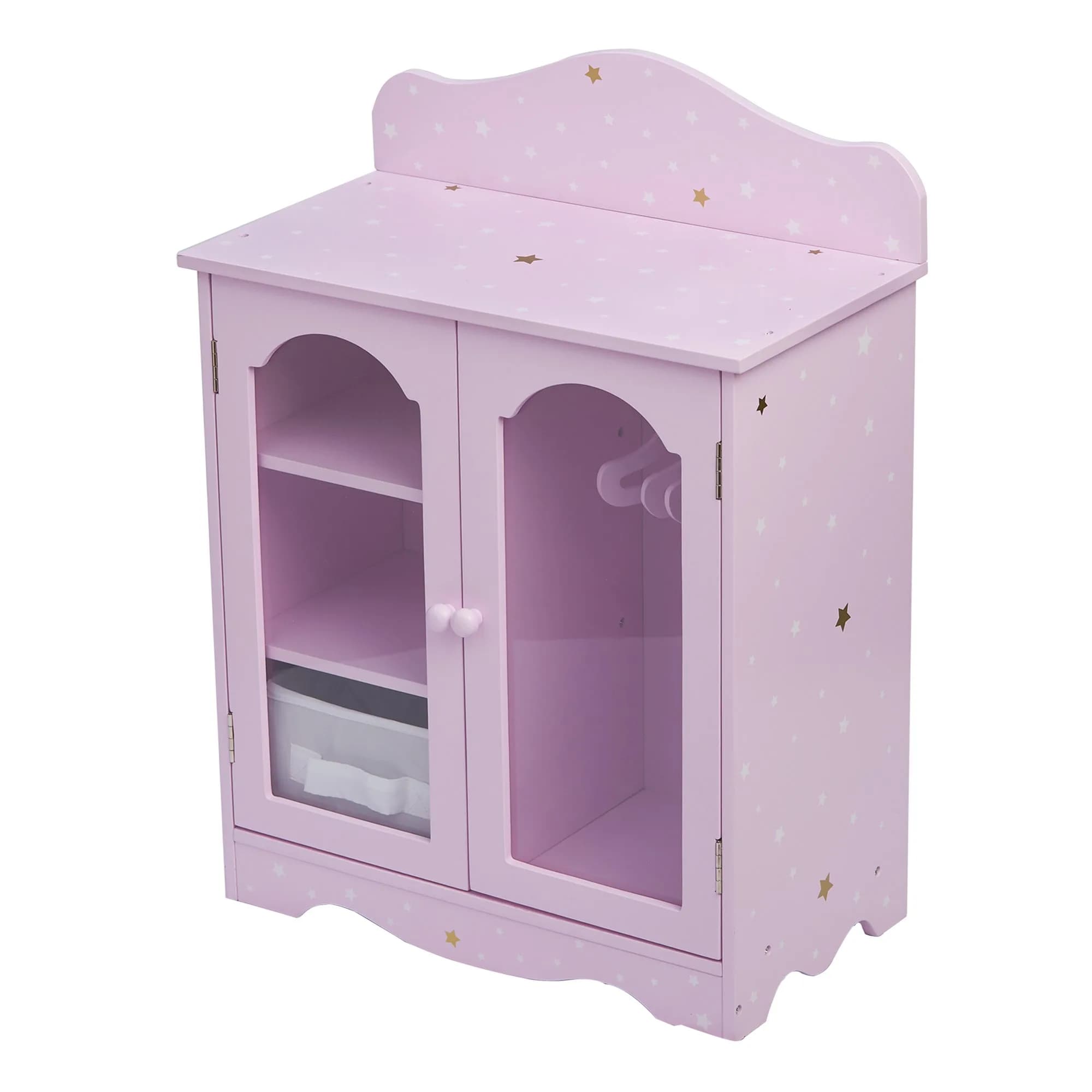 Olivia's Little World Twinkle Stars 18" Doll Closet with 3 Hangers, Shelves, & Canvas Bin, Purple | Doll Storage for Accessories & Clothes