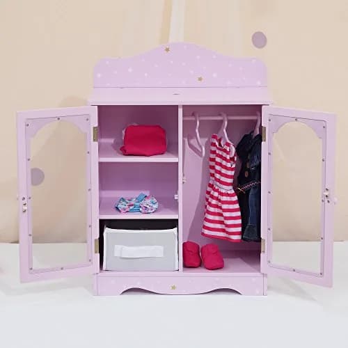Olivia's Little World Twinkle Stars 18" Doll Closet with 3 Hangers, Shelves, & Canvas Bin, Purple | Doll Storage for Accessories & Clothes thumbnail 4
