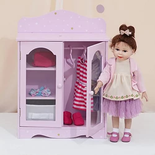 Olivia's Little World Twinkle Stars 18" Doll Closet with 3 Hangers, Shelves, & Canvas Bin, Purple | Doll Storage for Accessories & Clothes thumbnail 8