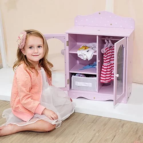 Olivia's Little World Twinkle Stars 18" Doll Closet with 3 Hangers, Shelves, & Canvas Bin, Purple | Doll Storage for Accessories & Clothes thumbnail 3