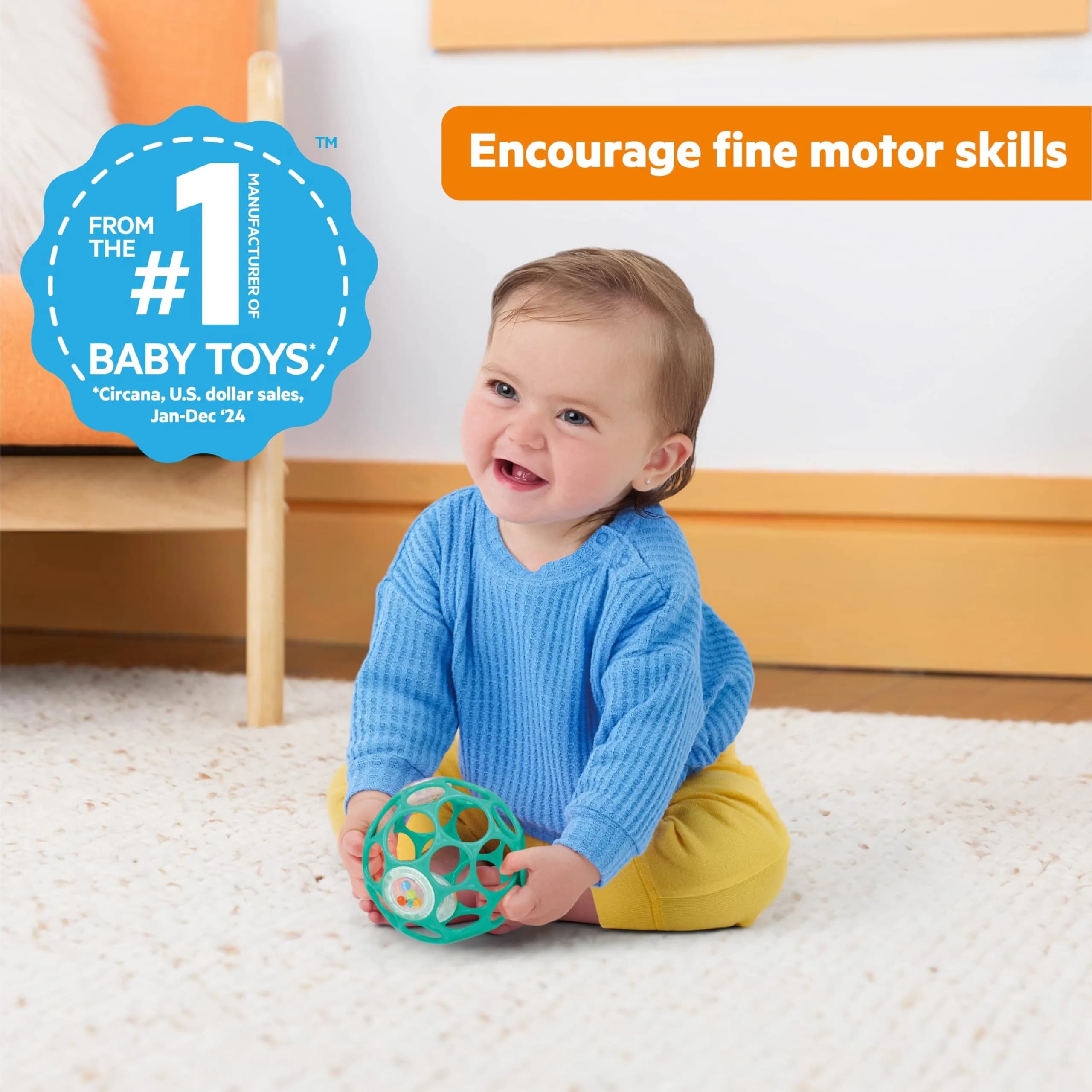 Bright Starts Oball Rattle BPA-Free Infant Toy in Teal, 10 cm (4 Inches) | Easy-Grasp for Newborns and Up - view 2
