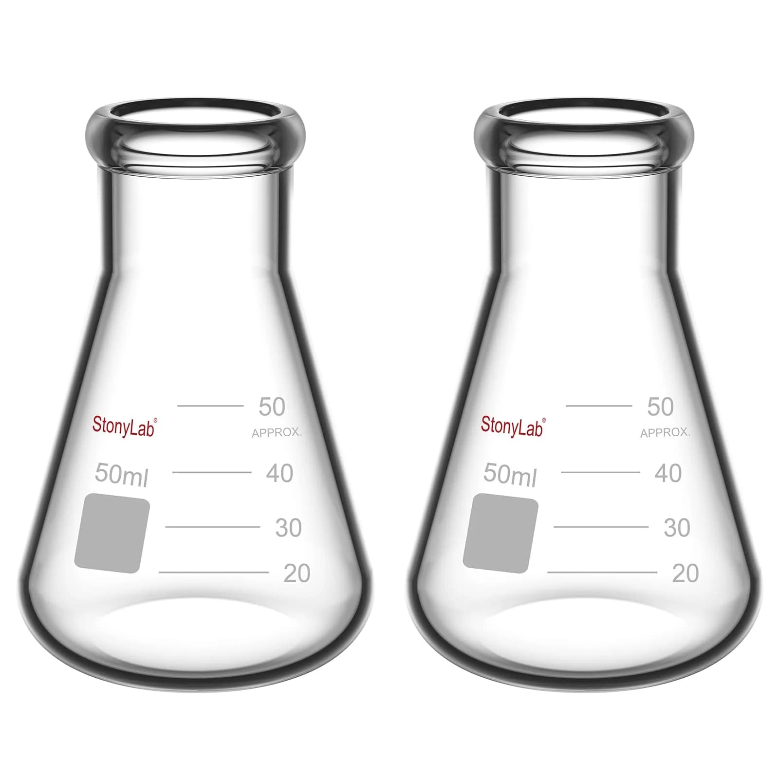 StonyLab 2-Pack Glass 50ml Heavy Wall Narrow Mouth Erlenmeyer Flasks | Borosilicate Labware for Precise Experiments — 50 ml