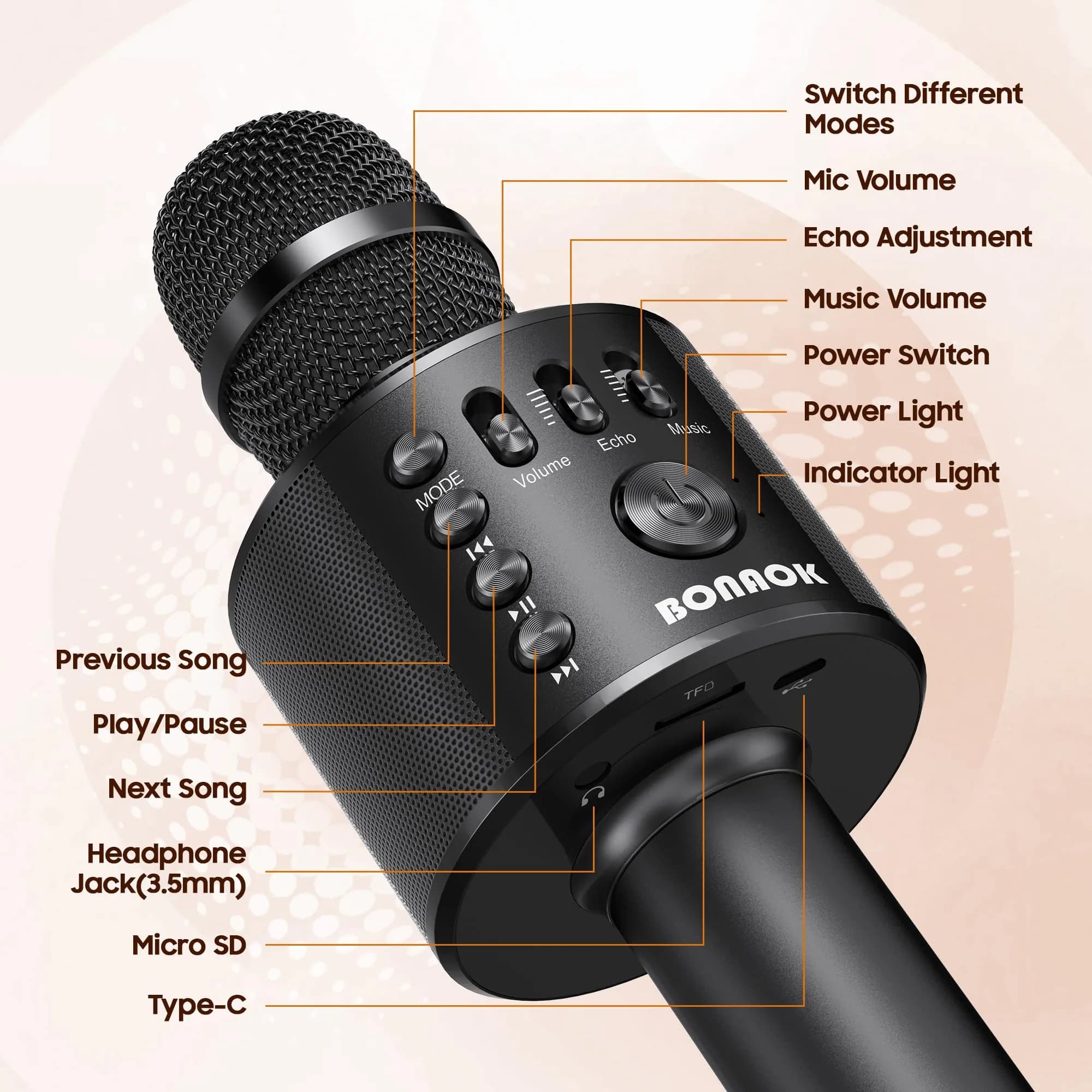 BONAOK Wireless Bluetooth Karaoke Microphone Q37 Black | Portable Handheld Mic Speaker for Smartphones & Parties - view 5