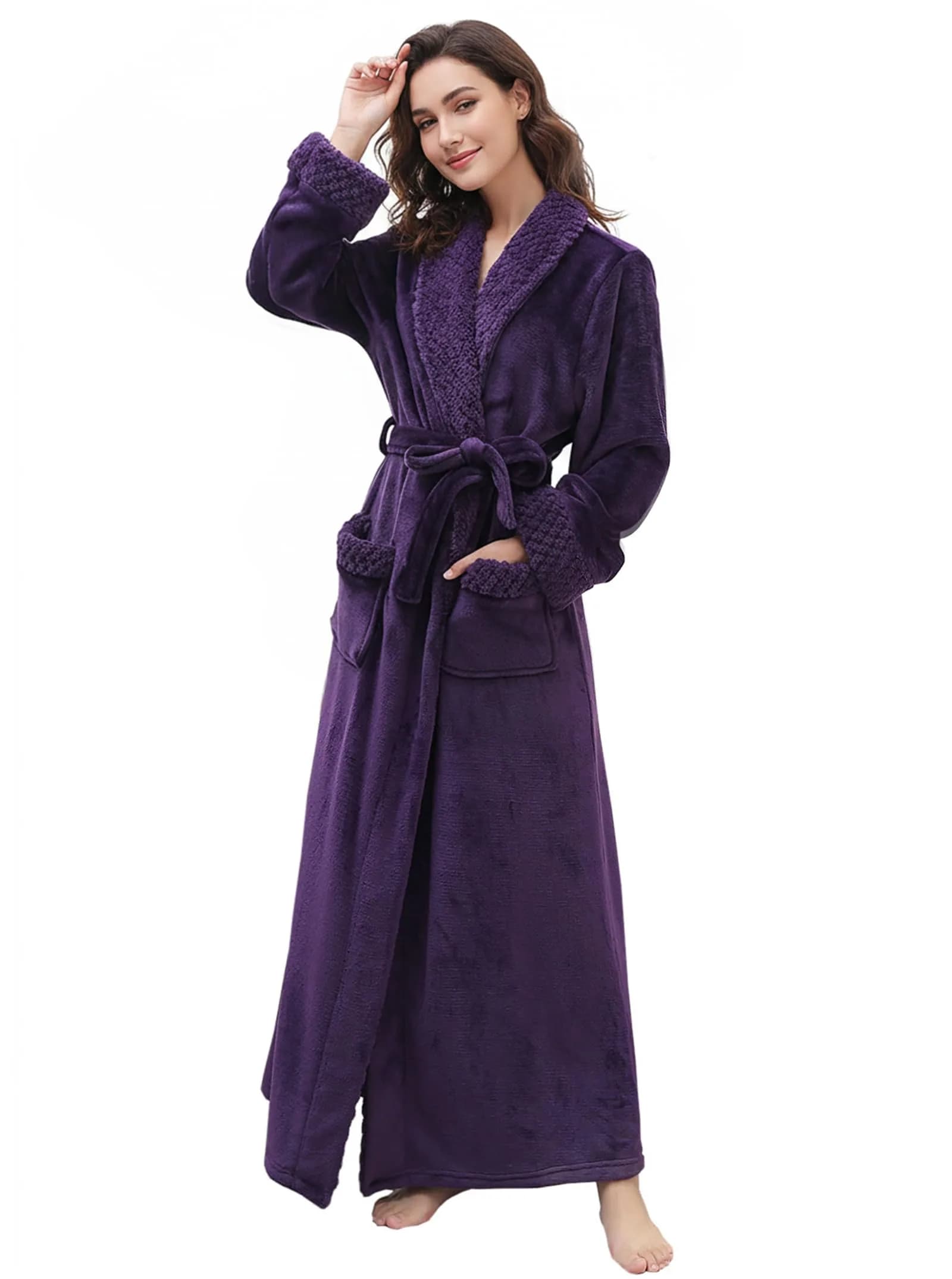 Artfasion Women's Long Flannel Bathrobe Ultra Soft Plush Microfiber Fleece Robe, Purple, Large/X-Large — Purple