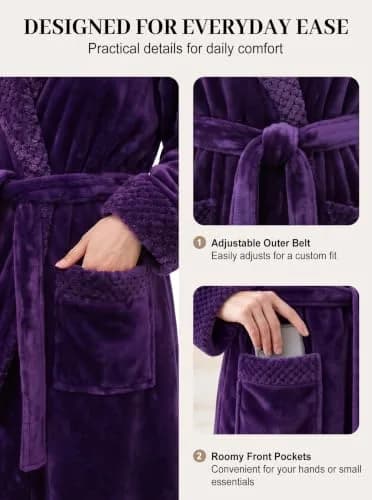 Artfasion Women's Long Flannel Bathrobe Ultra Soft Plush Microfiber Fleece Robe, Purple, Large/X-Large thumbnail 4