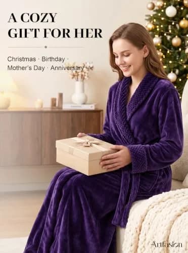 Artfasion Women's Long Flannel Bathrobe Ultra Soft Plush Microfiber Fleece Robe, Purple, Large/X-Large thumbnail 6