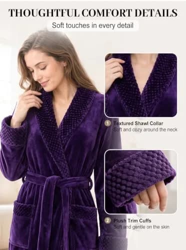 Artfasion Women's Long Flannel Bathrobe Ultra Soft Plush Microfiber Fleece Robe, Purple, Large/X-Large thumbnail 3