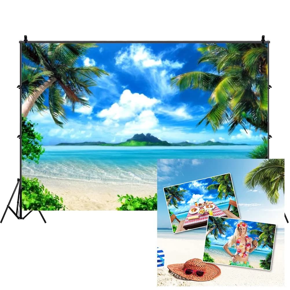 AOFOTO 10x8ft Tropical Beach Backdrop Summer Hawaii Palm Tree Photo Backdrops Sea Blue Sky Ocean Hawaiian Luau Party Background Seaside Vacation Wedding Birthday Banner Supplies Photo Shoot Props | Vibrant, Wrinkle-Free Vinyl