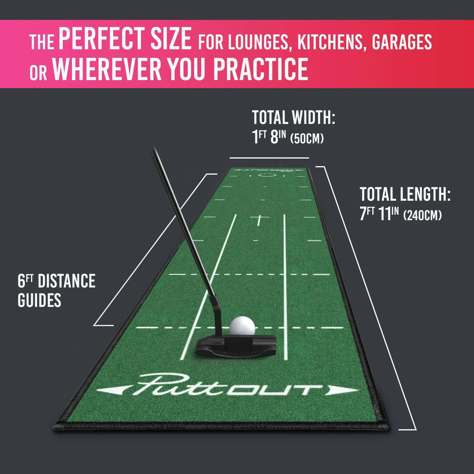 PuttOut Medium Putting Mat - Perfect Your Golf Putting (7.9ft x 1.6ft) | Smooth Medium-Fast Roll for Home Practice - view 6