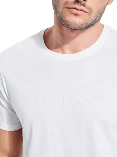 GUESS Mens Essentials Short Sleeve Embroidered Logo Crew Shirt, Pure White, Medium US | Classic Cotton Fit thumbnail 2