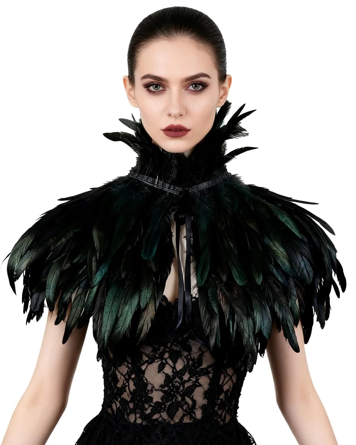L'VOW Gothic Black Feather Cape Shawl Shrug Poncho with Choker Collar | Dramatic Feather Cape for Cosplay & Halloween — A5-black