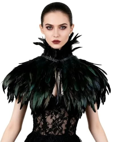 L'VOW Gothic Black Feather Cape Shawl Shrug Poncho with Choker Collar | Dramatic Feather Cape for Cosplay & Halloween thumbnail 1