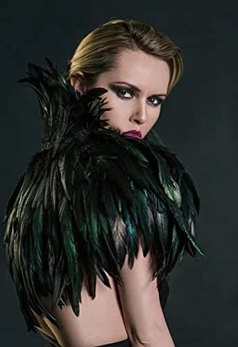 L'VOW Gothic Black Feather Cape Shawl Shrug Poncho with Choker Collar | Dramatic Feather Cape for Cosplay & Halloween thumbnail 6