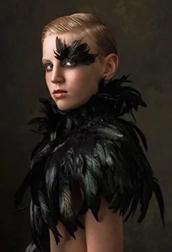L'VOW Gothic Black Feather Cape Shawl Shrug Poncho with Choker Collar | Dramatic Feather Cape for Cosplay & Halloween thumbnail 7