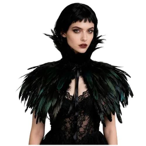 L'VOW Gothic Black Feather Cape Shawl Shrug Poncho with Choker Collar | Dramatic Feather Cape for Cosplay & Halloween thumbnail 2