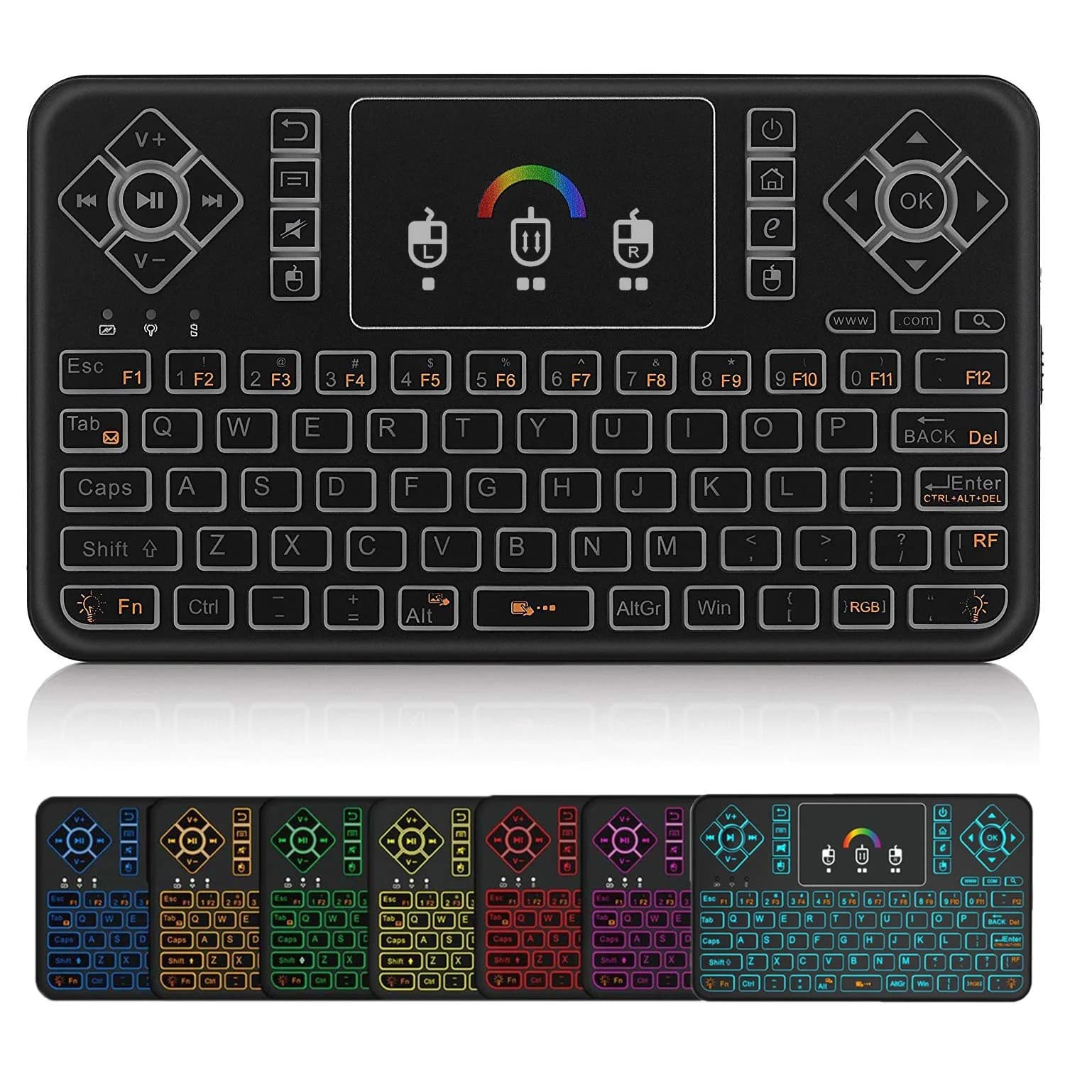 Dupad story Q9 Mini Wireless Keyboard with Touchpad | Colorful Backlit Compact Rechargeable Keyboard for PC, Android TV, Raspberry Pi, Windows — Q9 Colorful Backlit
