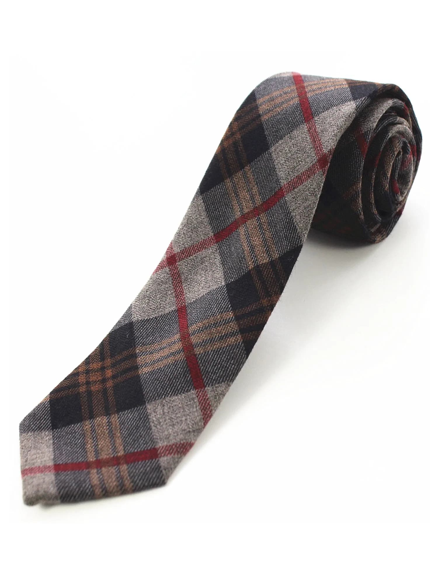 JEMYGINS 2.4" Mens Cotton Skinny Tie Plaid Cashmere Wool Necktie | Unique Design for Business & Party (70-120 chars) — Grey Red