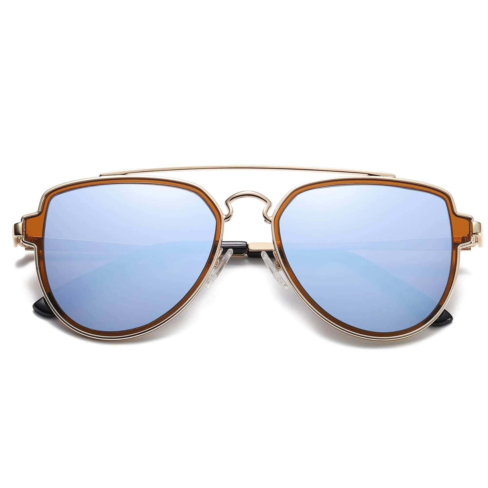SOJOS Retro Polarized Double Bridge Sunglasses for Men Women SJ1051 | 63mm (2.48in) Lens Width — A10 Gold/Dusty Blue Mirrored
