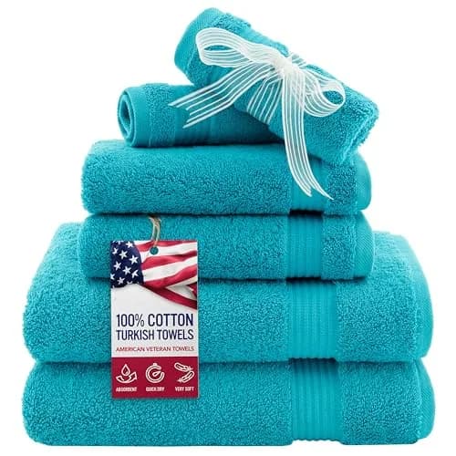 American Veteran Towel 6 Piece Set | 600 GSM Turkish Cotton Bath & Hand Towels Aqua Blue thumbnail 1