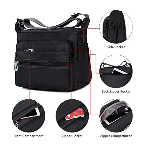 NOTAG Large Black Crossbody Bag for Women | Water Resistant Nylon Purse with Adjustable Strap & Multi-Pocket thumbnail 6