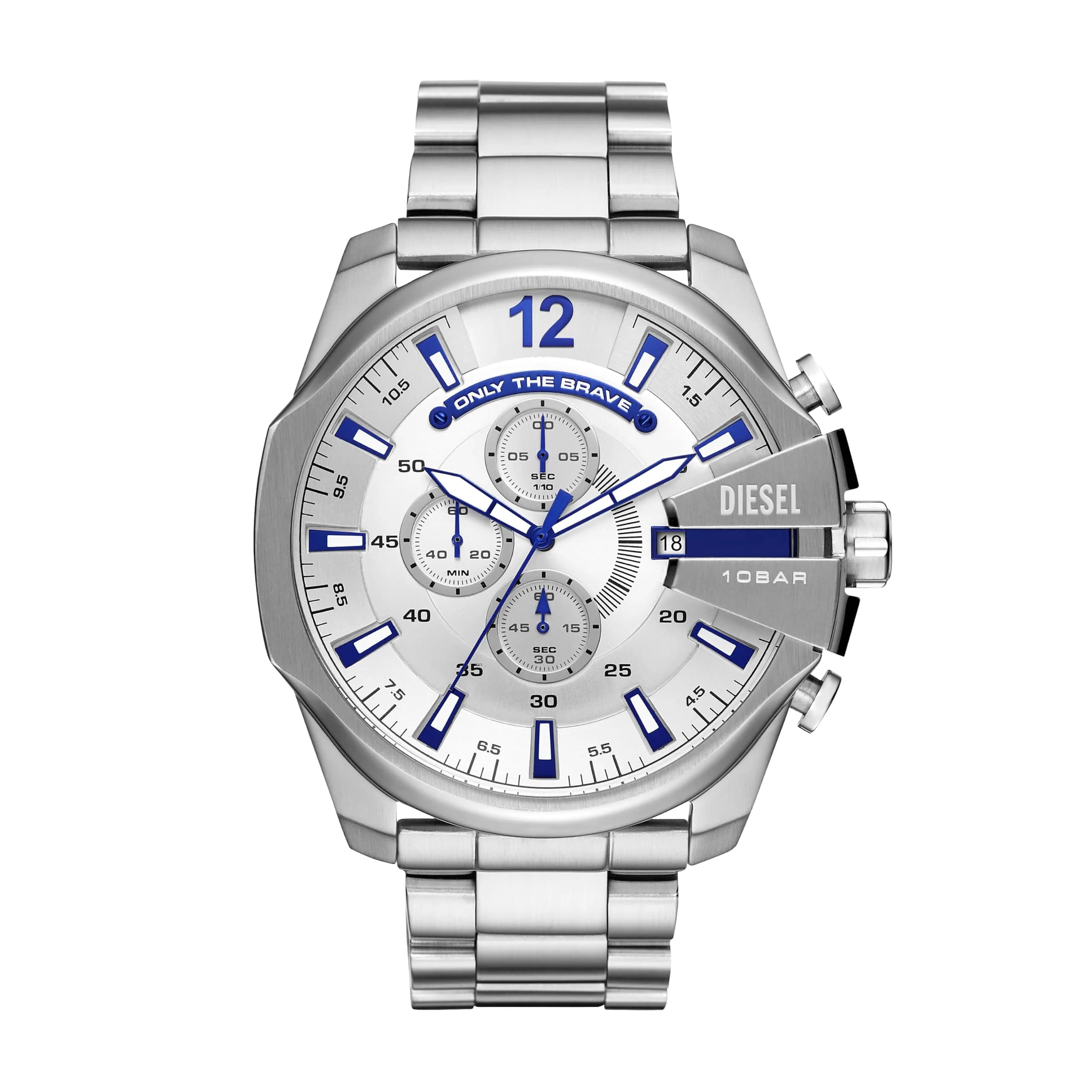 Diesel Mega Chief Chronograph Men's Watch 51MM Stainless Steel Silver/Blue — Silver/Blue Accents