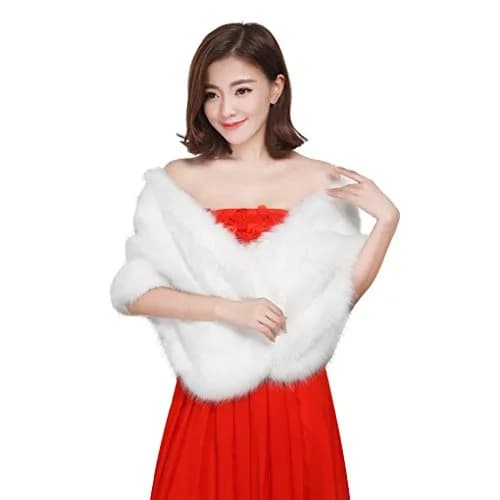 FakeFace Women White Faux Fur Shawl Capelet Long Wedding Bridal Cape Wrap Stole | Elegant Winter Accessory thumbnail 2