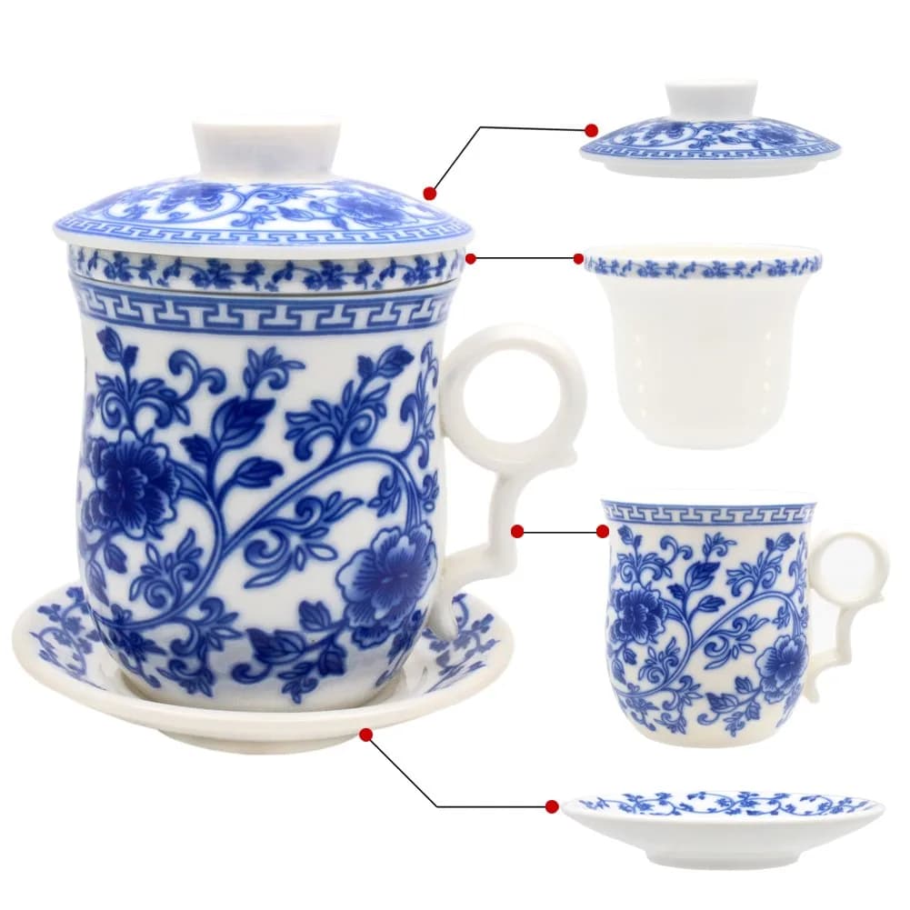 Tea Talent Porcelain Tea Cup with Infuser Lid and Saucer Set - 350ml (12 Oz) | Jingdezhen Ceramics for Loose Leaf Tea — Wealth Blue and White