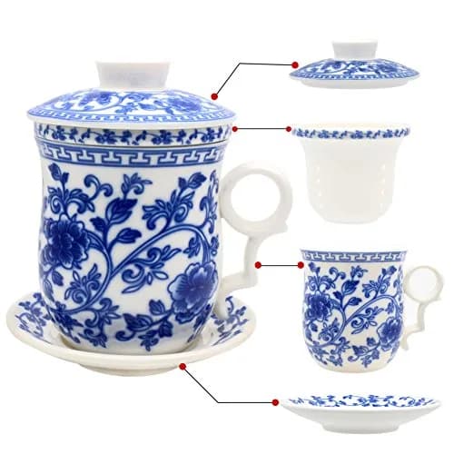Tea Talent Porcelain Tea Cup with Infuser Lid and Saucer Set - 350ml (12 Oz) | Jingdezhen Ceramics for Loose Leaf Tea thumbnail 1