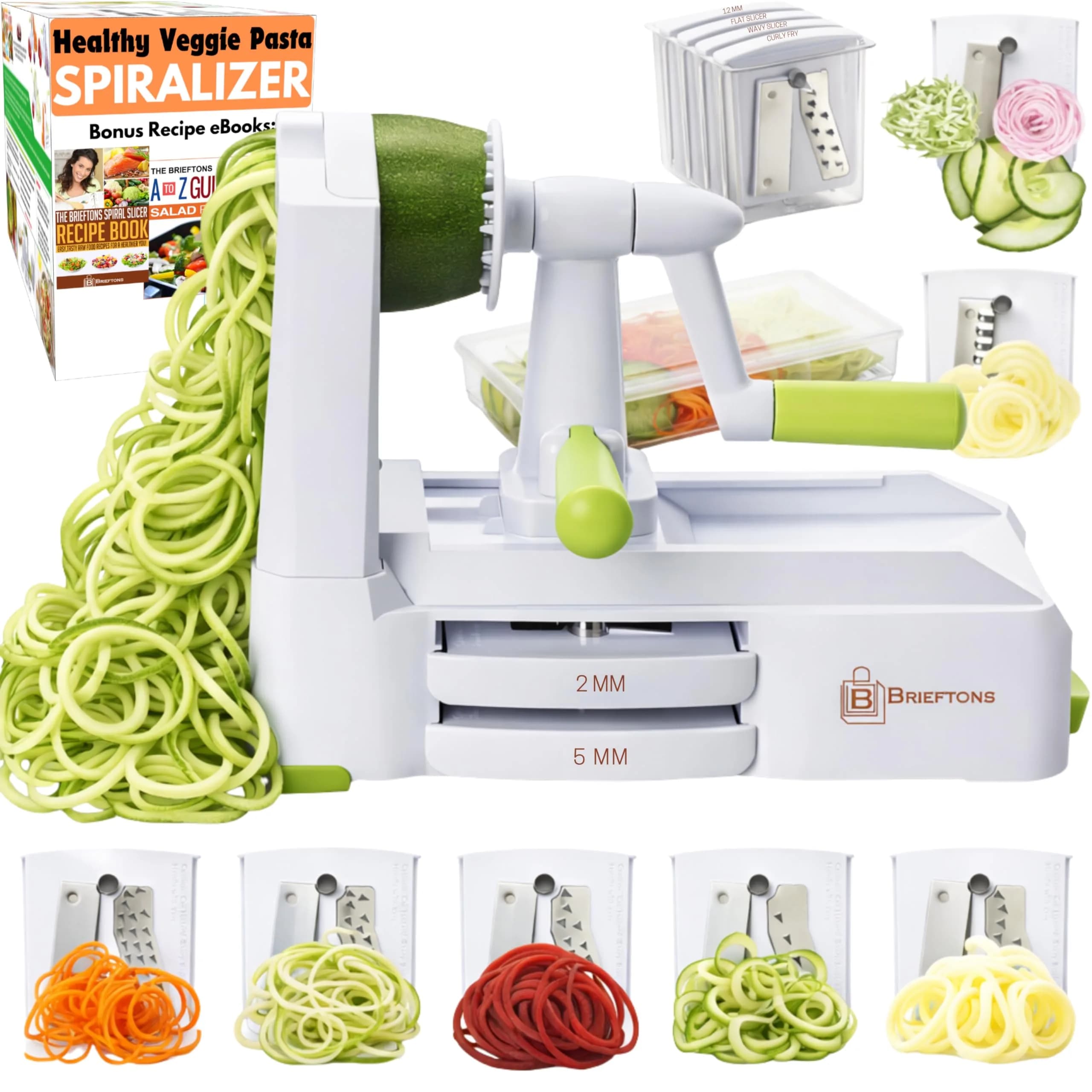 Brieftons 7-Blade Vegetable Spiralizer: Veggie Noodle Maker with Curly Fry & Crinkle Blades | Low Carb, Vegan, Gluten-Free, Keto, Paleo — White ( 7 Blades )
