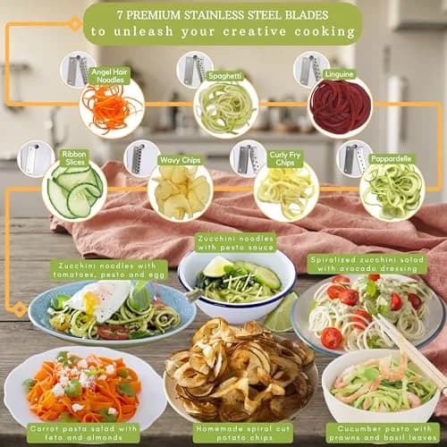 Brieftons 7-Blade Vegetable Spiralizer: Veggie Noodle Maker with Curly Fry & Crinkle Blades | Low Carb, Vegan, Gluten-Free, Keto, Paleo thumbnail 4