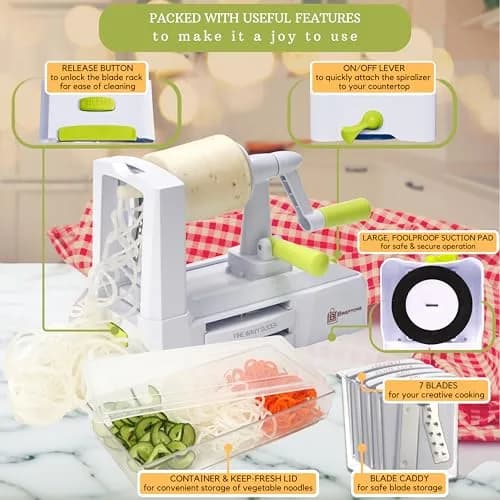 Brieftons 7-Blade Vegetable Spiralizer: Veggie Noodle Maker with Curly Fry & Crinkle Blades | Low Carb, Vegan, Gluten-Free, Keto, Paleo thumbnail 6