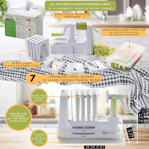 Brieftons 7-Blade Vegetable Spiralizer: Veggie Noodle Maker with Curly Fry & Crinkle Blades | Low Carb, Vegan, Gluten-Free, Keto, Paleo thumbnail 7
