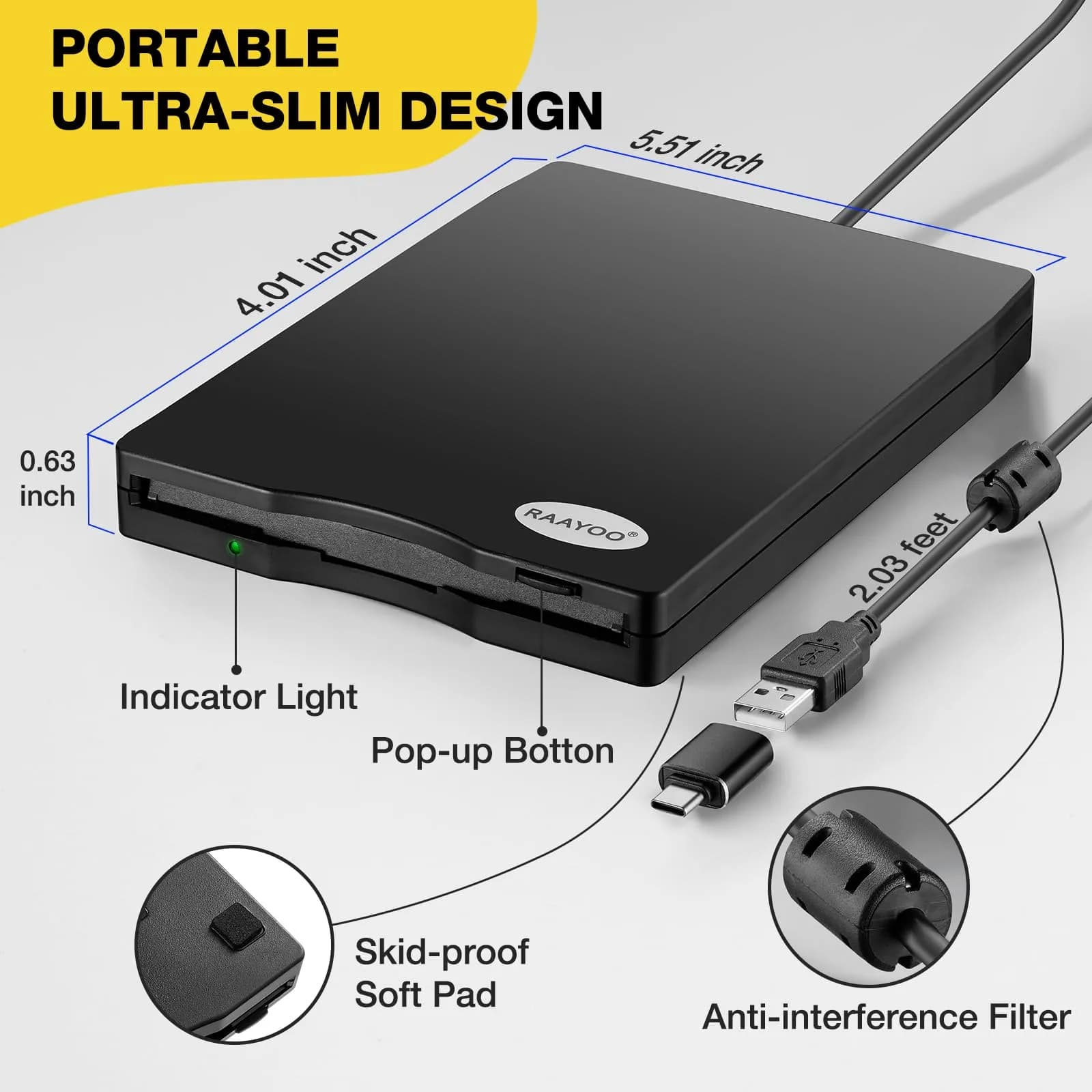 RAAYOO 3.5" Floppy Disk Drive - Portable 1.44 MB FDD USB for Mac & Windows 10/7/8 PC - Black - view 7