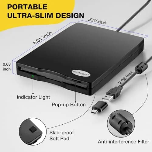 RAAYOO 3.5" Floppy Disk Drive - Portable 1.44 MB FDD USB for Mac & Windows 10/7/8 PC - Black thumbnail 7