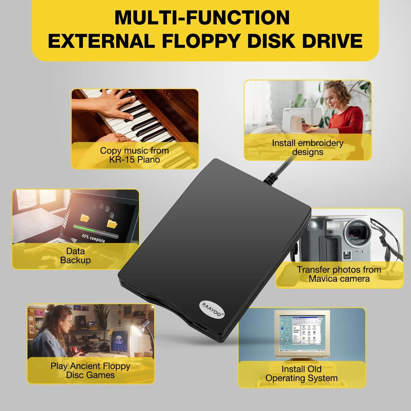 RAAYOO 3.5" Floppy Disk Drive - Portable 1.44 MB FDD USB for Mac & Windows 10/7/8 PC - Black - view 3