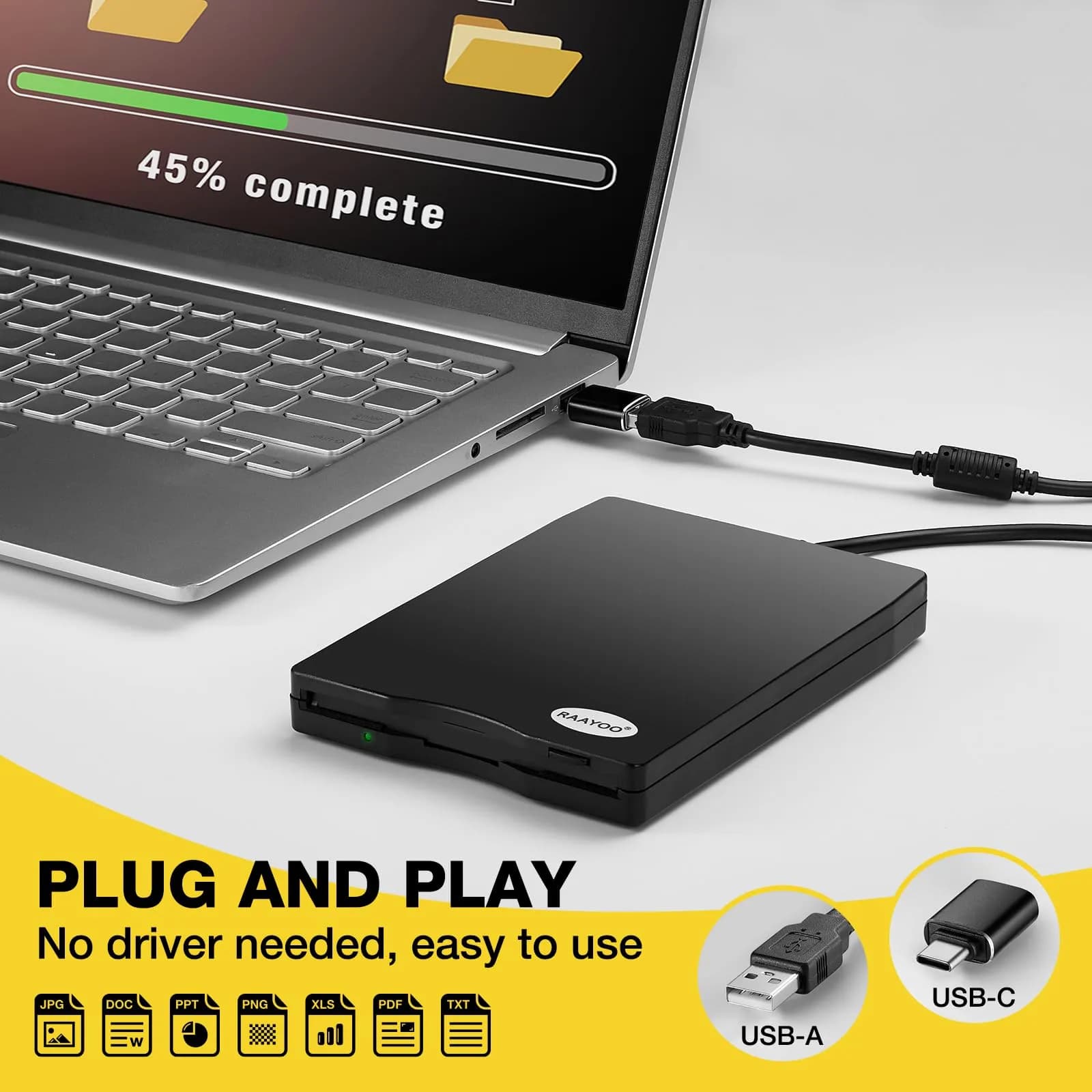RAAYOO 3.5" Floppy Disk Drive - Portable 1.44 MB FDD USB for Mac & Windows 10/7/8 PC - Black - view 4