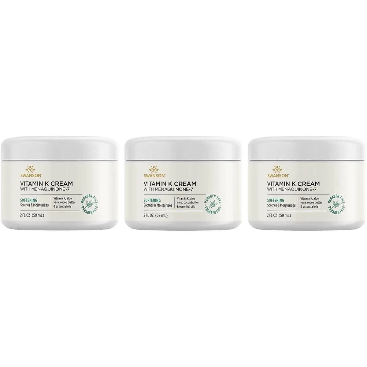 Swanson Vitamin K Cream with Menaquinone-7, 2 fl oz (59 ml) Bottles, Pack of 3 | Brightens Under-Eye Dark Circles — 0.67 Fl Oz