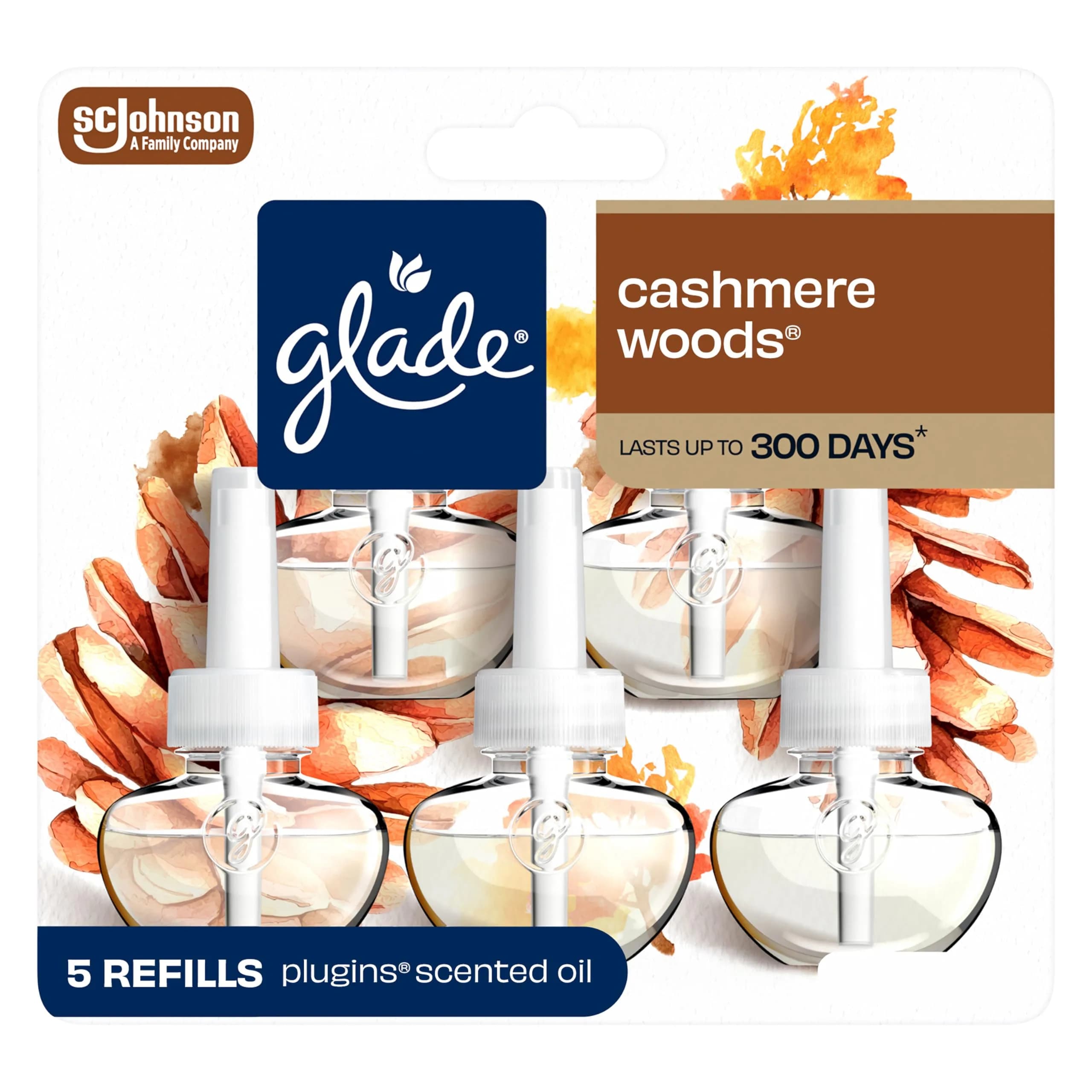 Glade PlugIns Refills Air Freshener, Cashmere Woods Scent, 3.35 Fl Oz Each (5 Count Pack) | Essential Oils for Home & Bathroom — Cashmere Woods