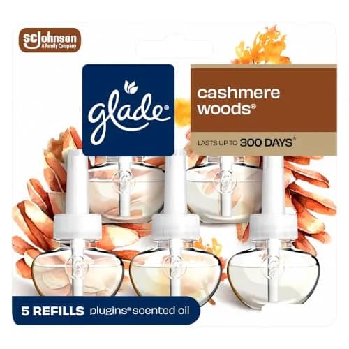 Glade PlugIns Refills Air Freshener, Cashmere Woods Scent, 3.35 Fl Oz Each (5 Count Pack) | Essential Oils for Home & Bathroom thumbnail 1