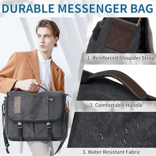 VX VONXURY Water Resistant Canvas Messenger Bag for Men, 15.6 inch Laptop | Vintage Satchel for Work & Travel thumbnail 5