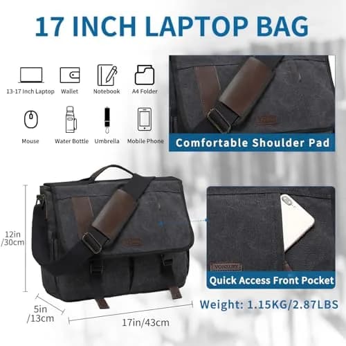 VX VONXURY Water Resistant Canvas Messenger Bag for Men, 15.6 inch Laptop | Vintage Satchel for Work & Travel thumbnail 3